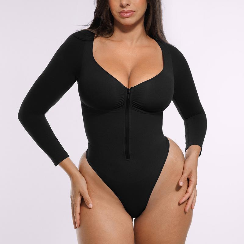 Women's Solid Color Long-Sleeve Half-Zip Shaping Jumpsuit