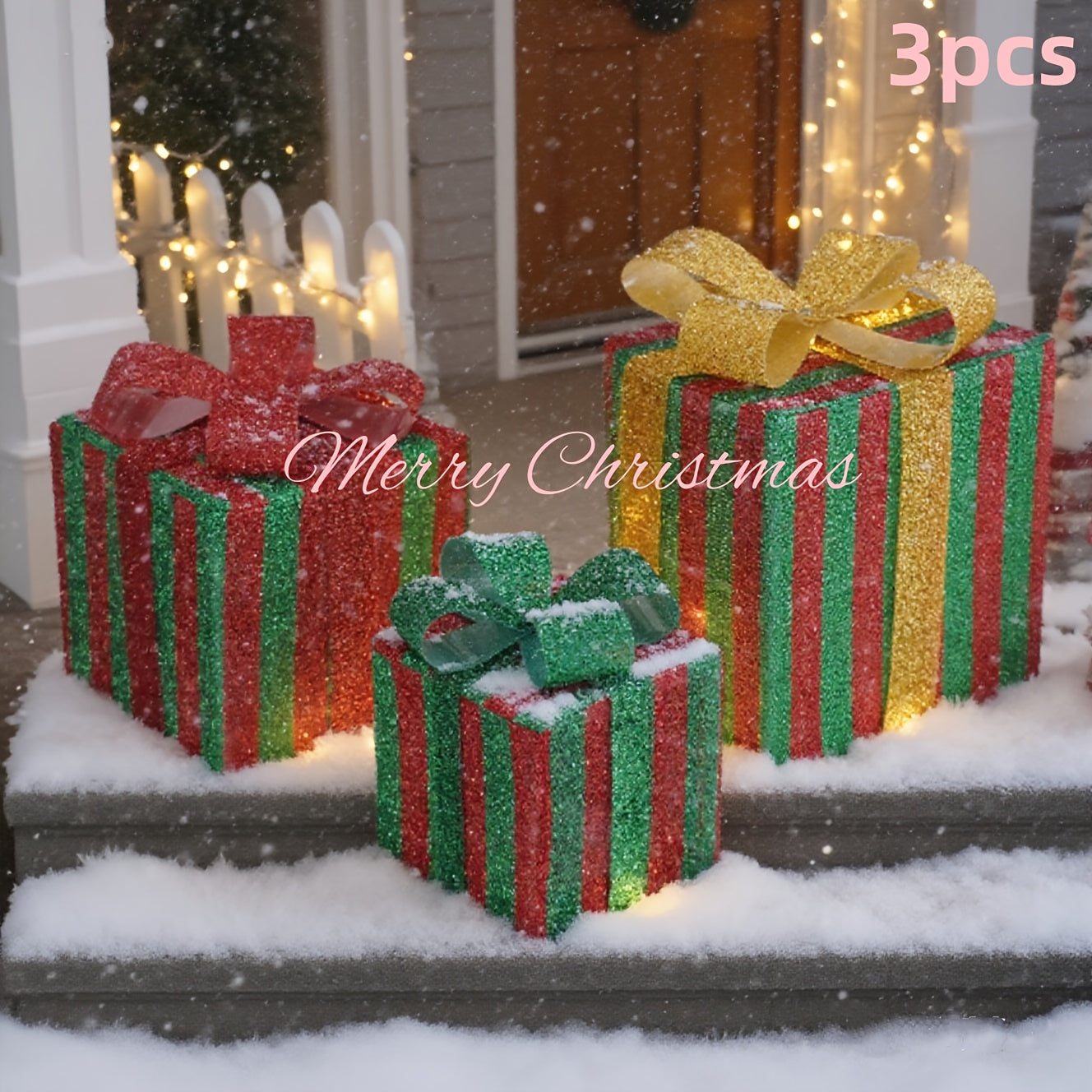 3pcs Lighted Christmas Gift Box Set with Warm LED Lights & Snowy Ribbon Bows