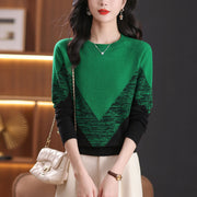 Womens Fashionable Color-block Crew-neck Knitted Sweater