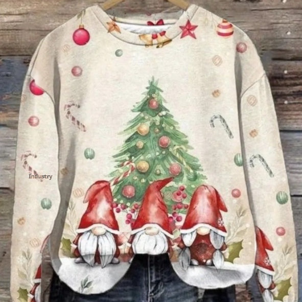 Women's Printed Round Neck Autumn Winter Pullover Sweater Top