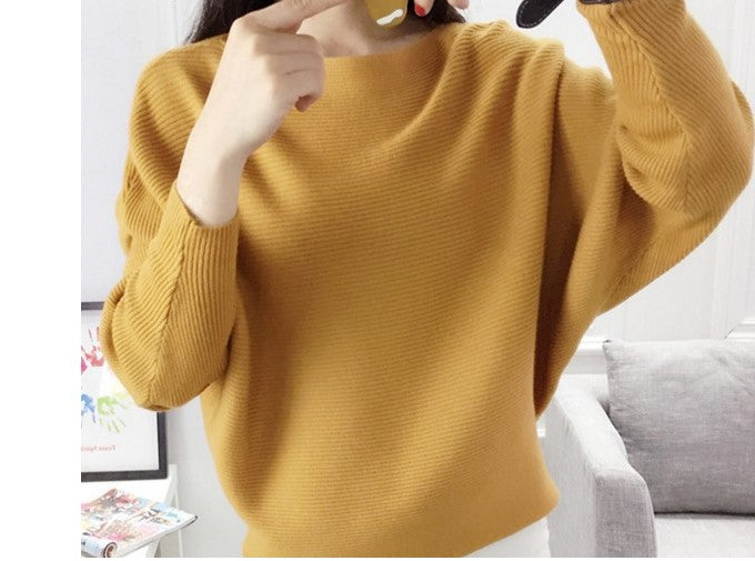 Halter-neck Batwing-knit Highly Elastic Laid-back Pullover Top