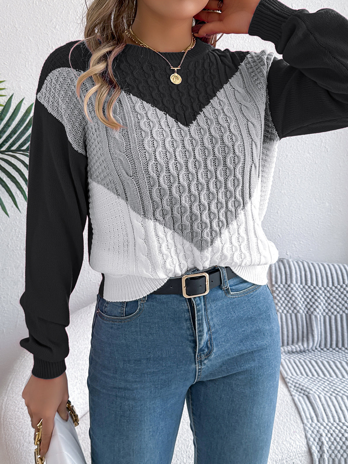 Women Casual Color Block Cable Knit Lantern Sleeve Pullover Sweater