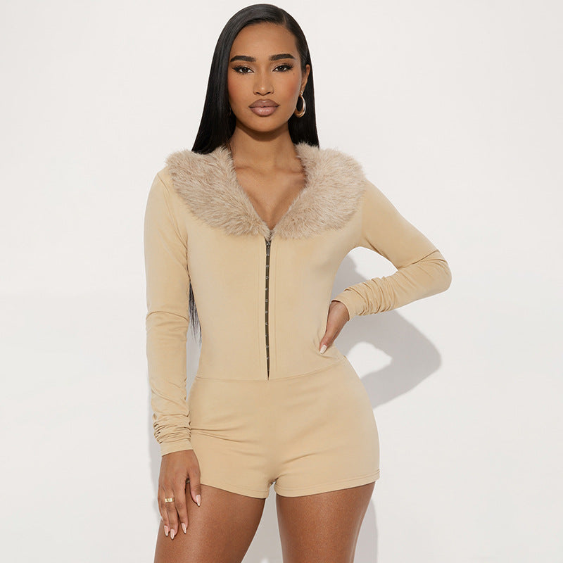 Women's Deep V-Neck Furry Collar Long-Sleeve Jumpsuit