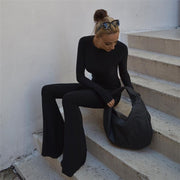 Backless Street Jumpsuit for Women - Long Sleeve, Round Neck