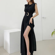 Round Neck Slit Wide Leg Commuter Jumpsuit