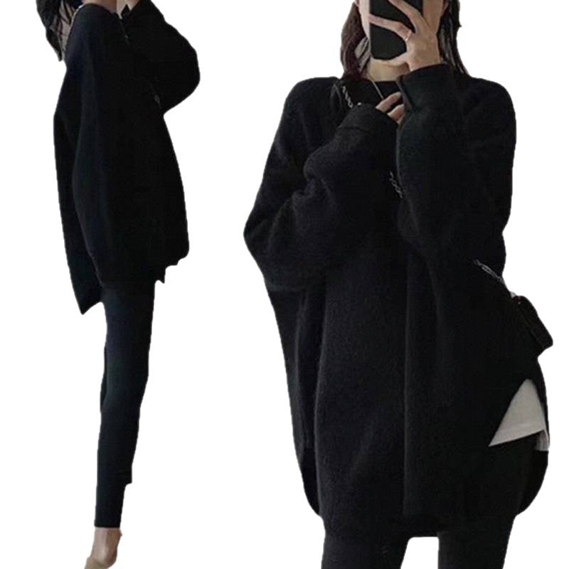 Womens Solid-color Loose-fitting Mid-length Sweater