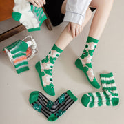 Breathable Mid Calf Socks for Women - Trendy Green Checkered Design