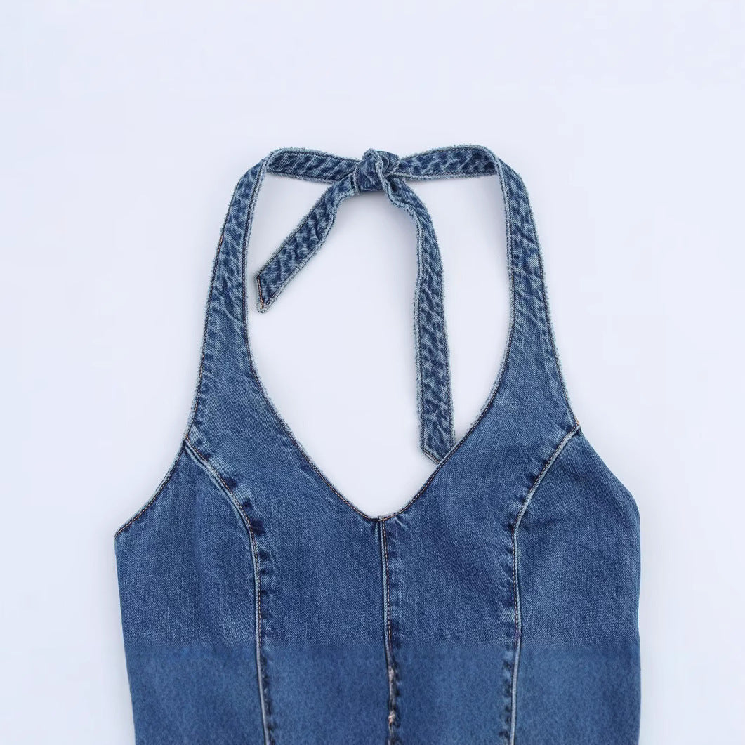 Women's Backless Halter Denim Jumpsuit Romper