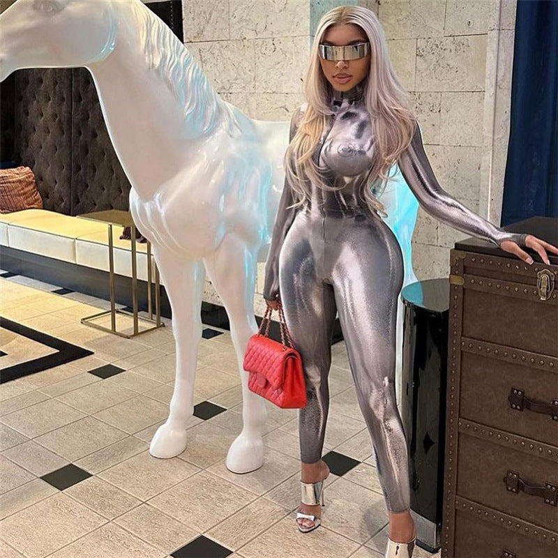Women's Slim Fit Long Sleeve Digital Print Sports Jumpsuit