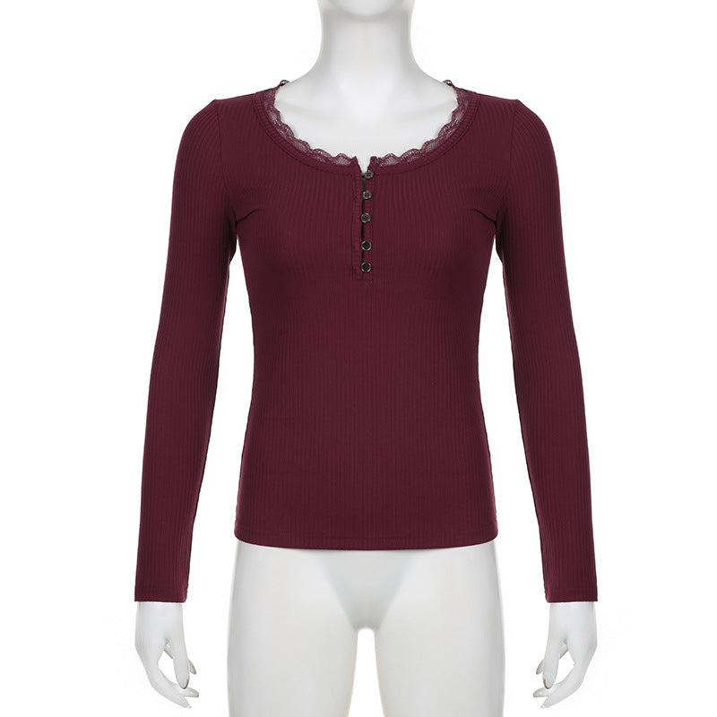 Lace Stitching Slim-Fit Long Sleeve Top