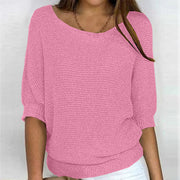 Three-quarter Sleeve Pullover Sweater Fashion Solid Color Loose Round Neck Knitted Top for Women Clothing