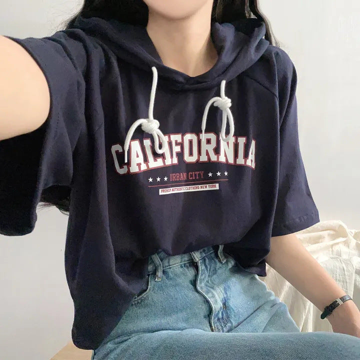 Casual Letter Print Short Sleeve Hooded Tee