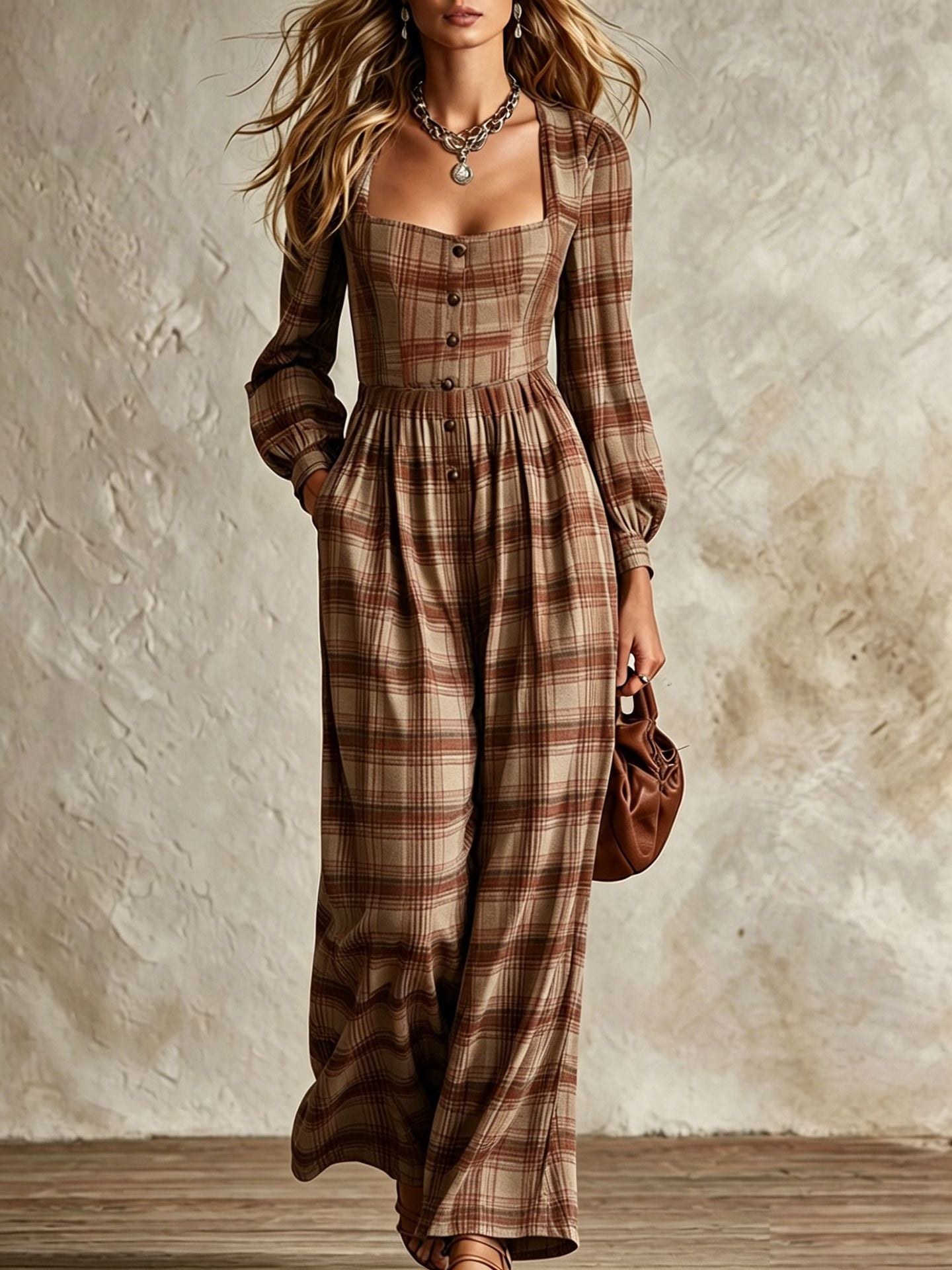 Womens Plaid Waist-Cinching Wide-Leg Jumpsuit