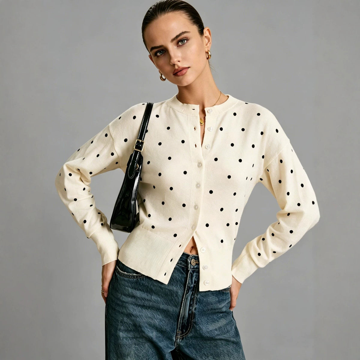 Round-neck Polka-dot Jacquard Vintage Casual Knit Cardigan