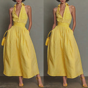 Yellow-striped V-neck, Waist-cinched, Sleeveless Dress That the