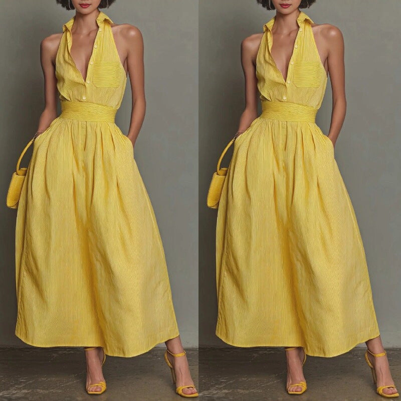 Yellow-striped V-neck, Waist-cinched, Sleeveless Dress That the