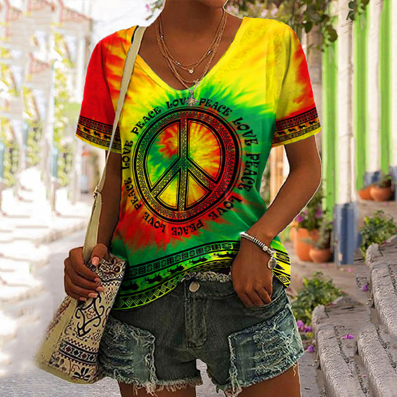 Women's 3D Printed Loose V-Neck Short Sleeve Top