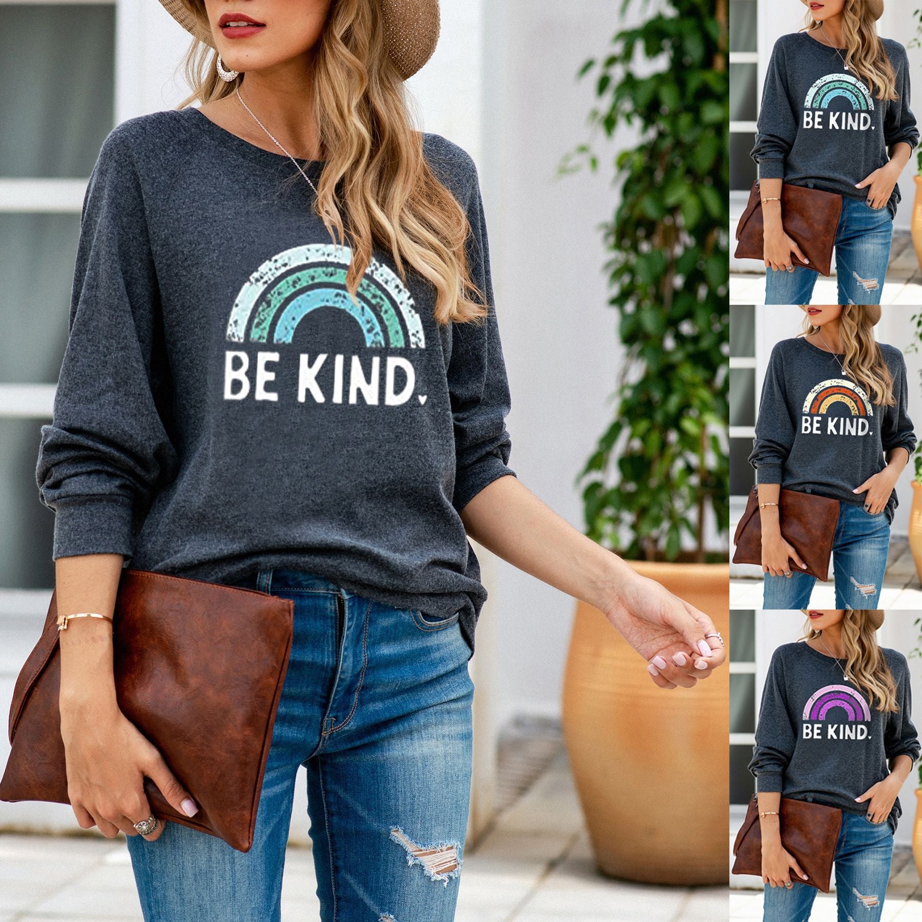 Casual Rainbow Print Crewneck Sweater