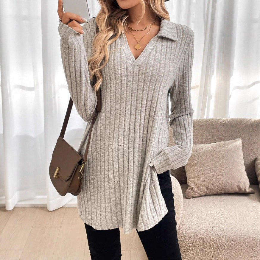 New-style Plus-size Fashion Casual Fallwinter Solid-color Turtleneck V-neck Loose-fitting Top