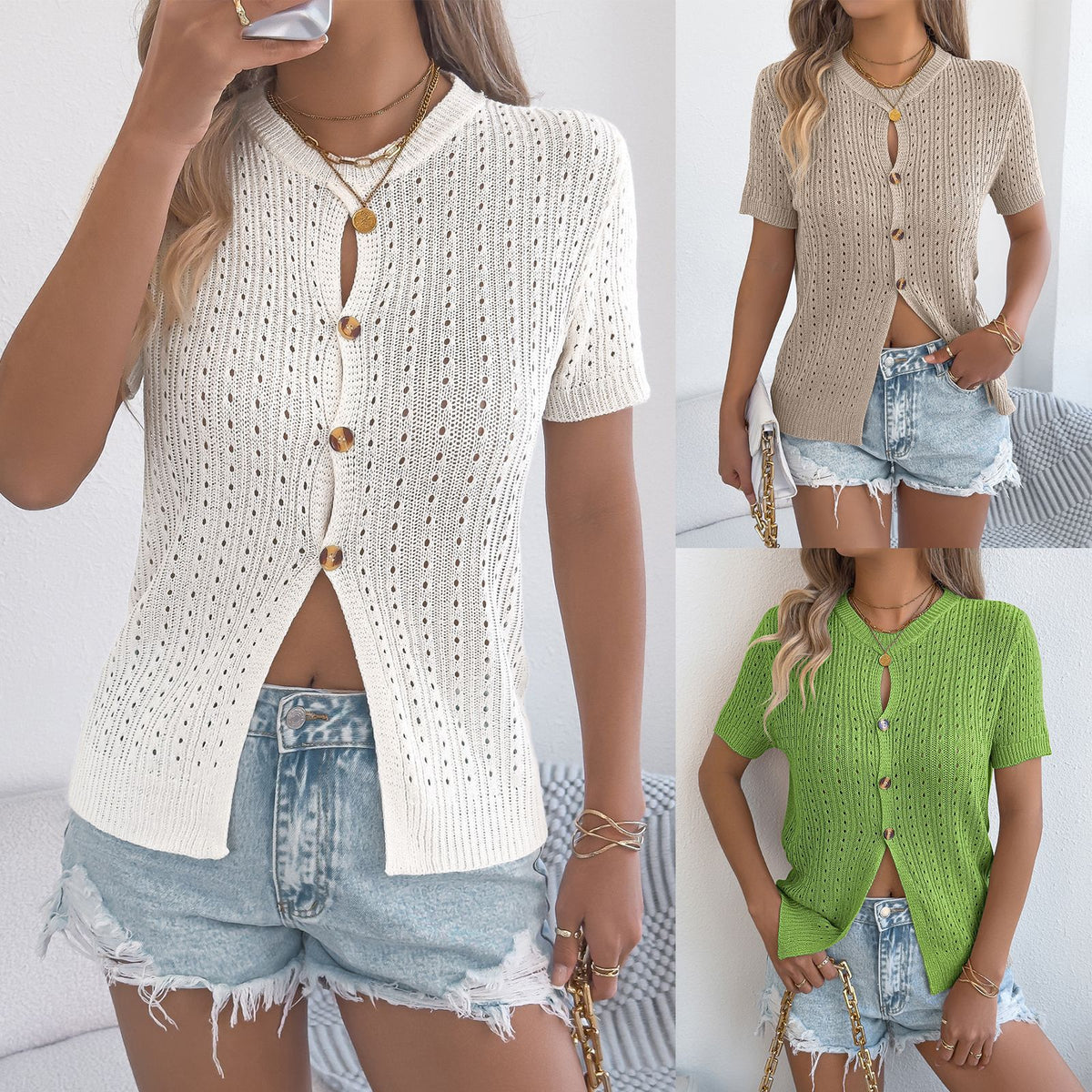 Solid Color Hollow-out Button Short Sleeve Knitted Women's Top