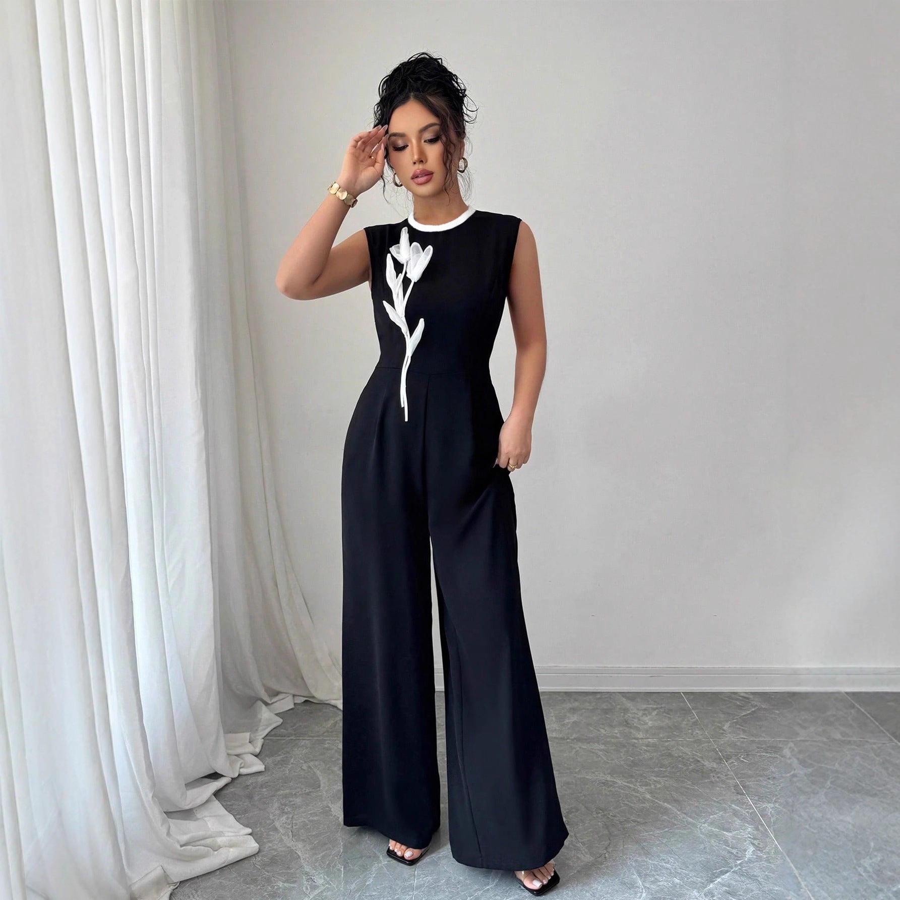 Elegant Embroidered Black Sleeveless Wide-Leg Jumpsuit