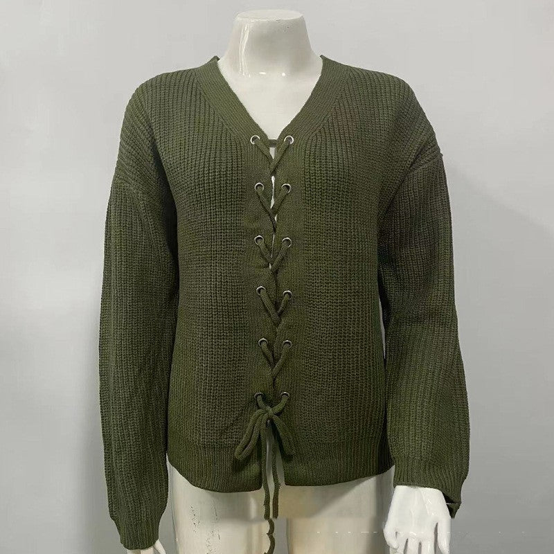 Solid Color and V-neck Hollow Out Tied Knitted Sweater