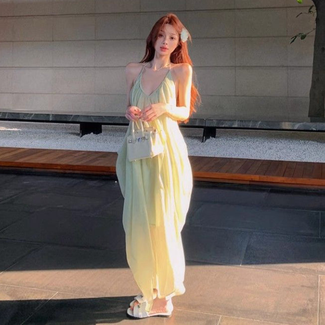 Sexy Backless Halter Strap Dress Womens Sleeveless and Loose-fitting