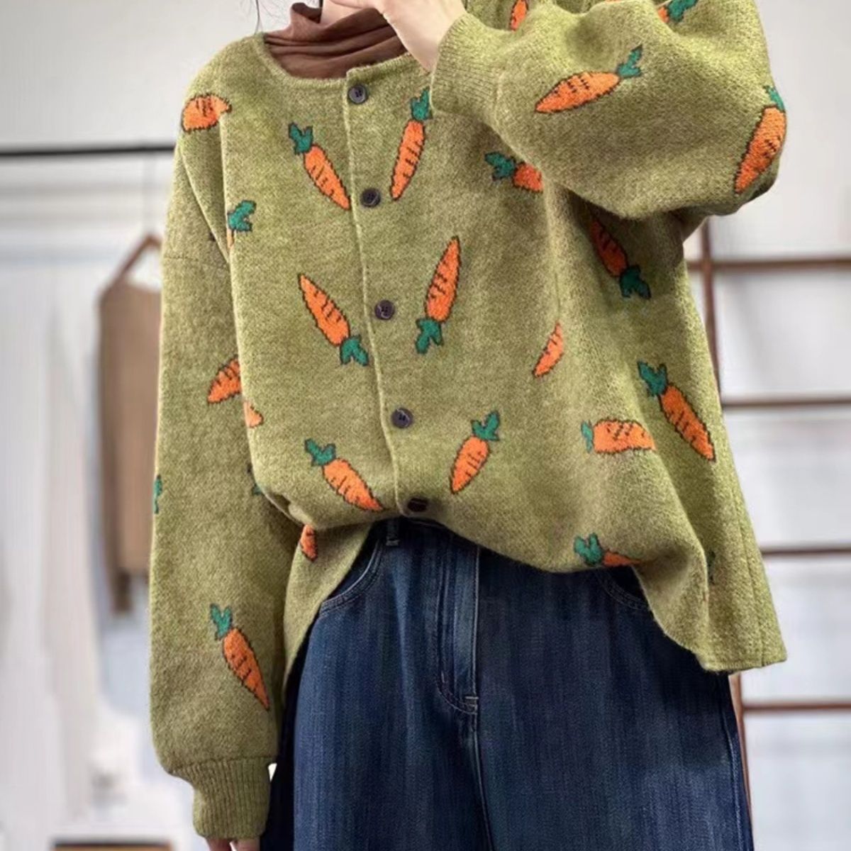 Round Neck Mori Artistic Printing Color Contrast Loose Casual Cardigan Sweater