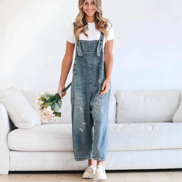 Vintage Distressed Wide-Leg Denim Suspender Pants