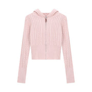 Soft Textured Knitted Hoodie with a Lazy Korean-style Zip-up Design