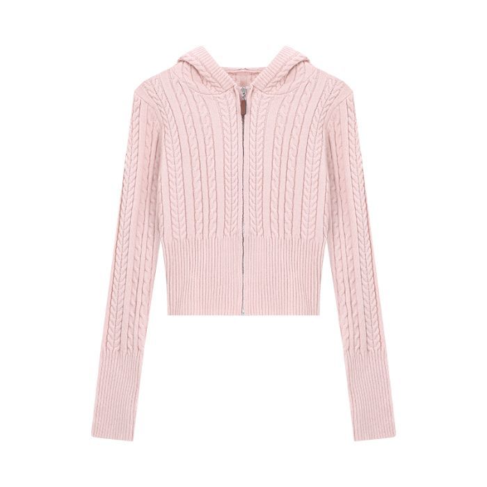Soft Textured Knitted Hoodie with a Lazy Korean-style Zip-up Design