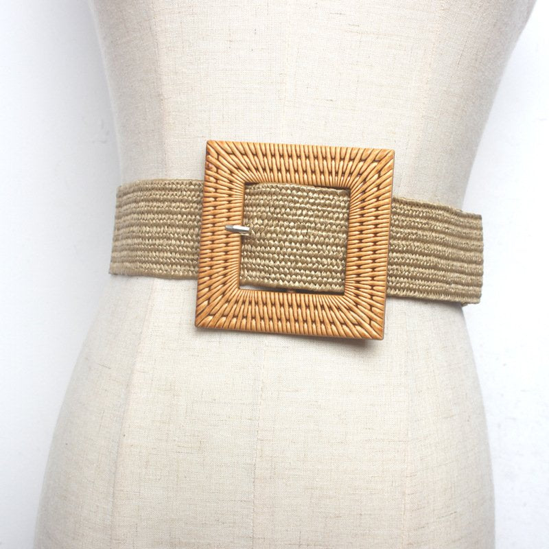 Wide Fashion Belt for Women - Braided Square Buckle Posey Belt