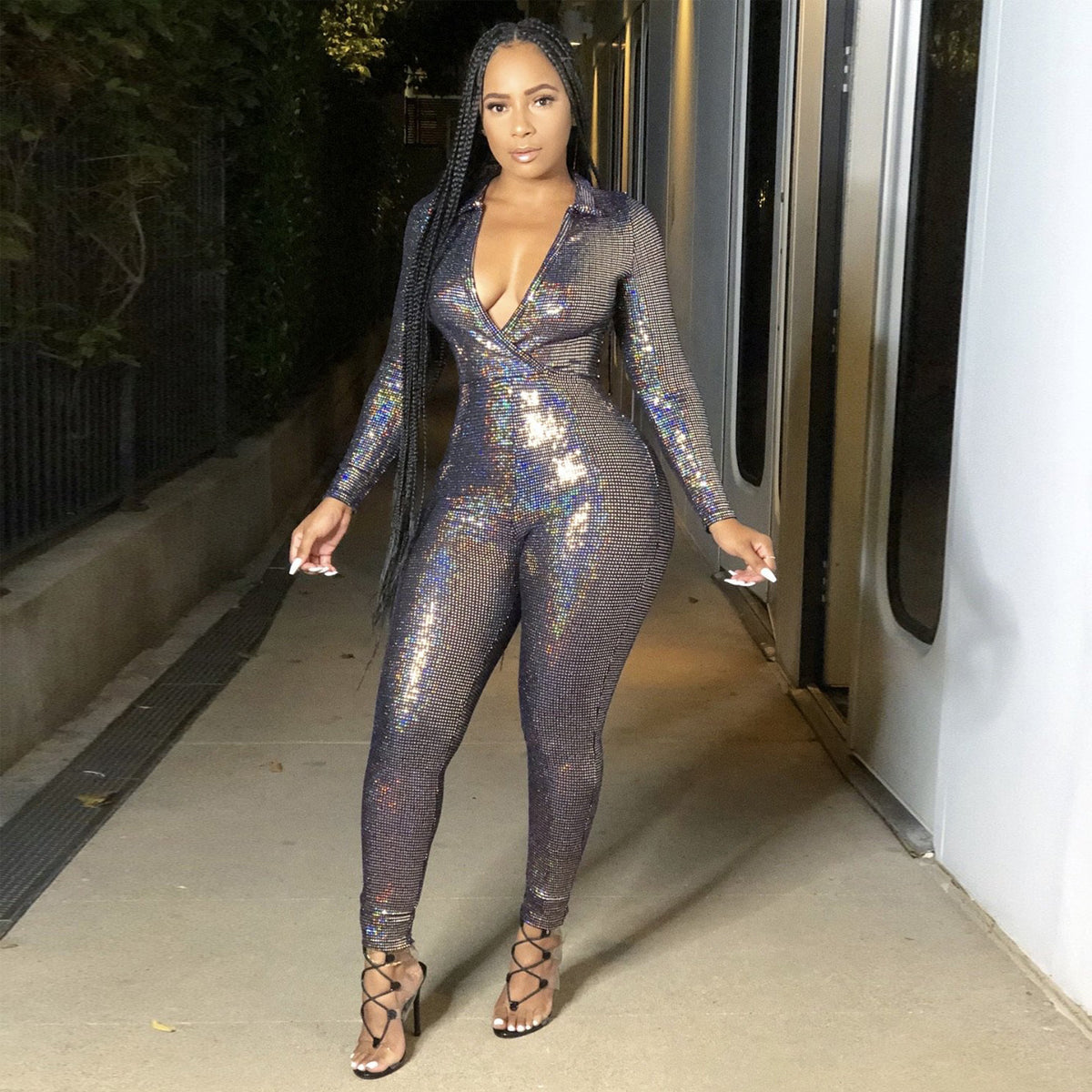 Women's Deep V-Neck Metallic Jumpsuit
