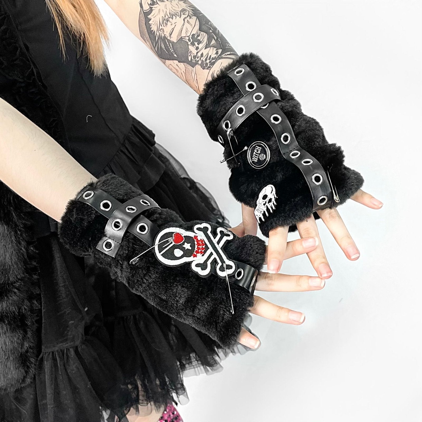 Black Furry Skull Gloves for Women
