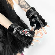 Black Furry Skull Gloves for Women