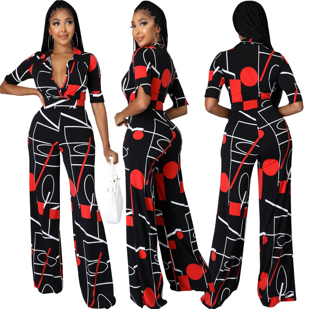 Women's V-Neck Digital Printing Jumpsuit