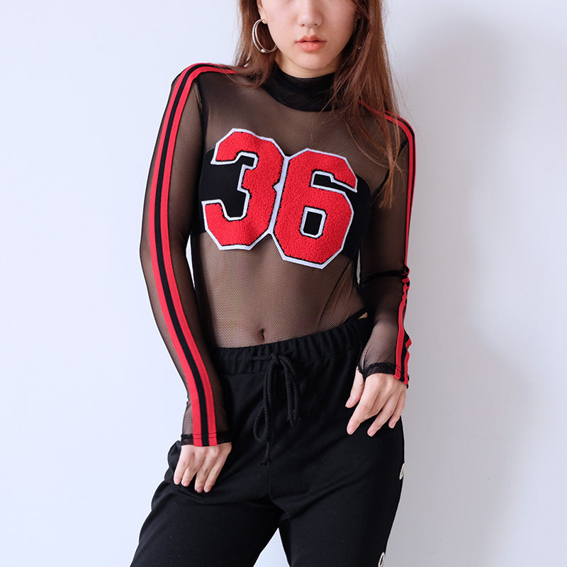 Sexy Striped Mesh Long-Sleeve Bodysuit