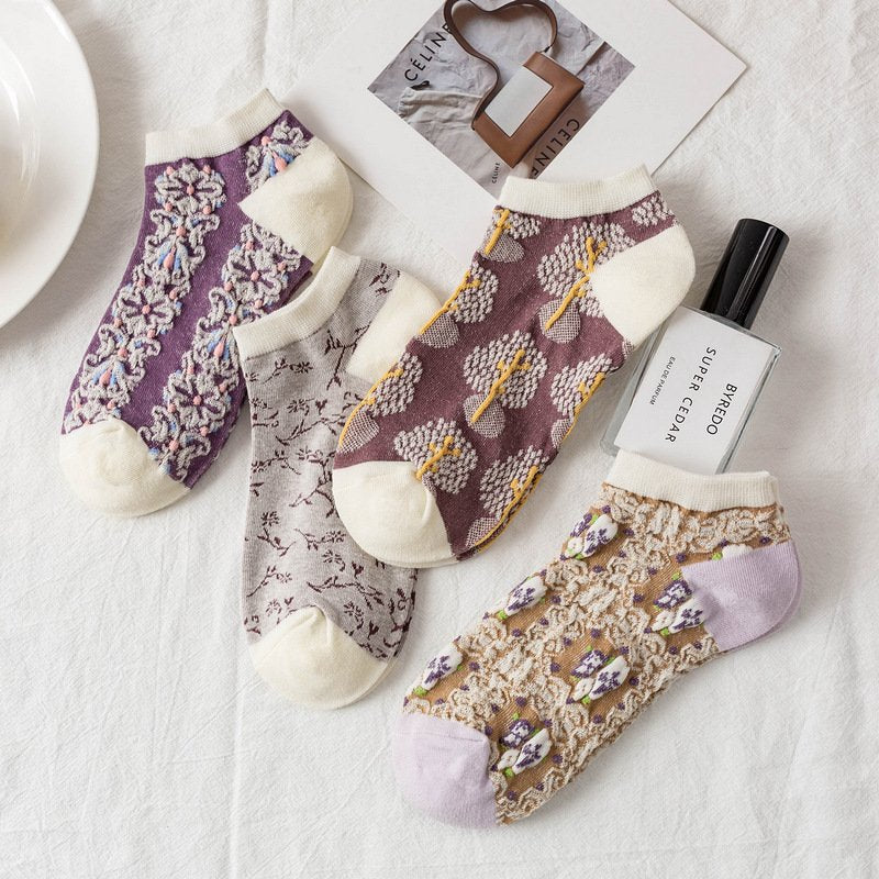 Vintage Chic Ultra-Short Jacquard Socks for Women