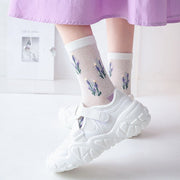 Soft Purple Floral Cotton Socks for Women