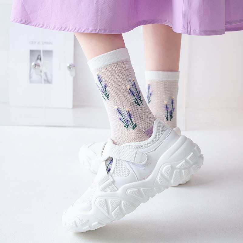 Soft Purple Floral Cotton Socks for Women