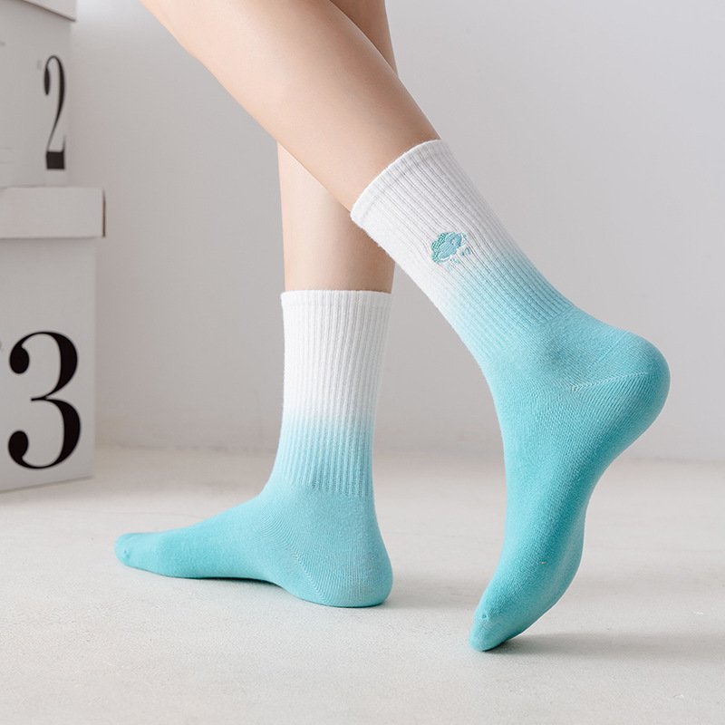 Colorful Tie-Dye Embroidery Mid Calf Socks for Women