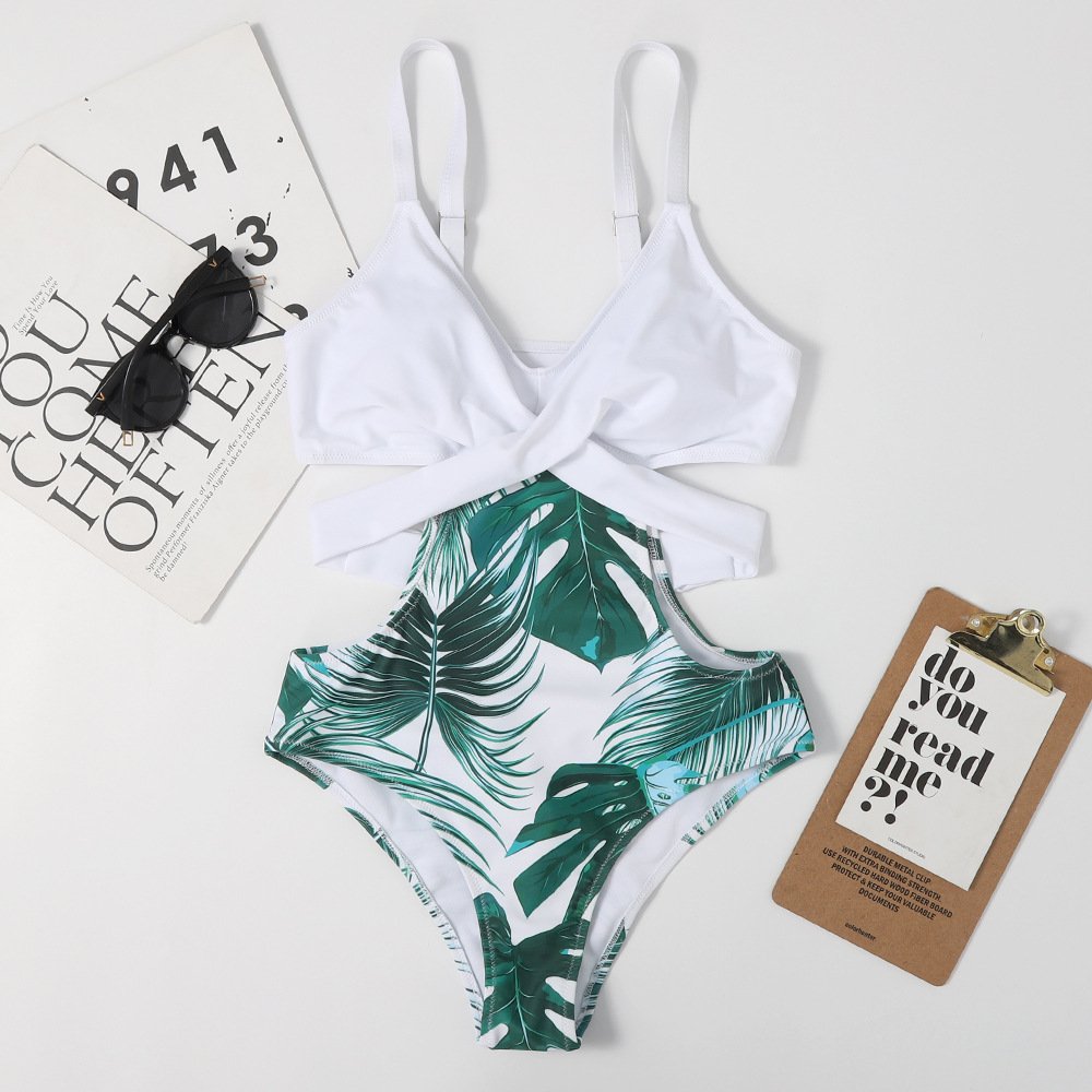 Sexy Leaf-Shaped Floral One-Piece Swimsuit for Women