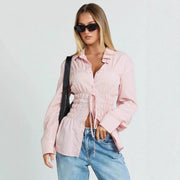Womens Stylish Elegant Lapel Blouse With Pleated Details And Long Sleeves