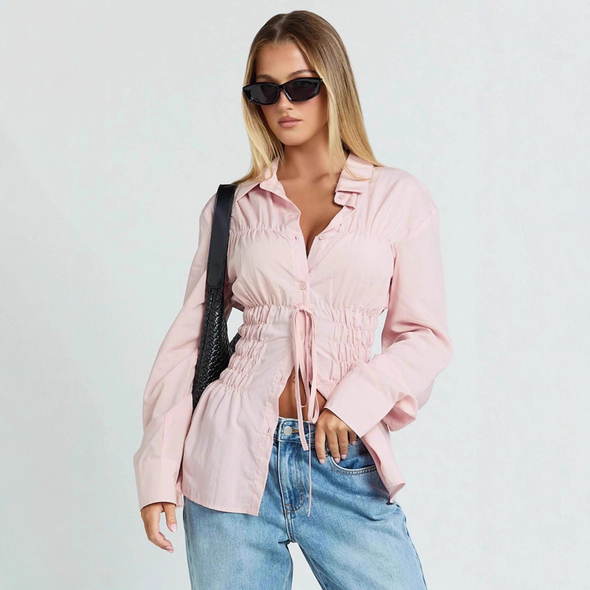 Womens Stylish Elegant Lapel Blouse With Pleated Details And Long Sleeves