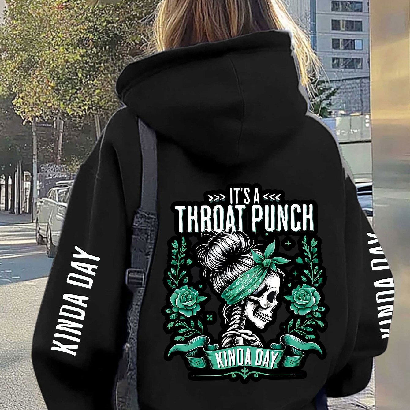 Large Hooded Sweatshirt with Green Rose Skull and American Retro Print