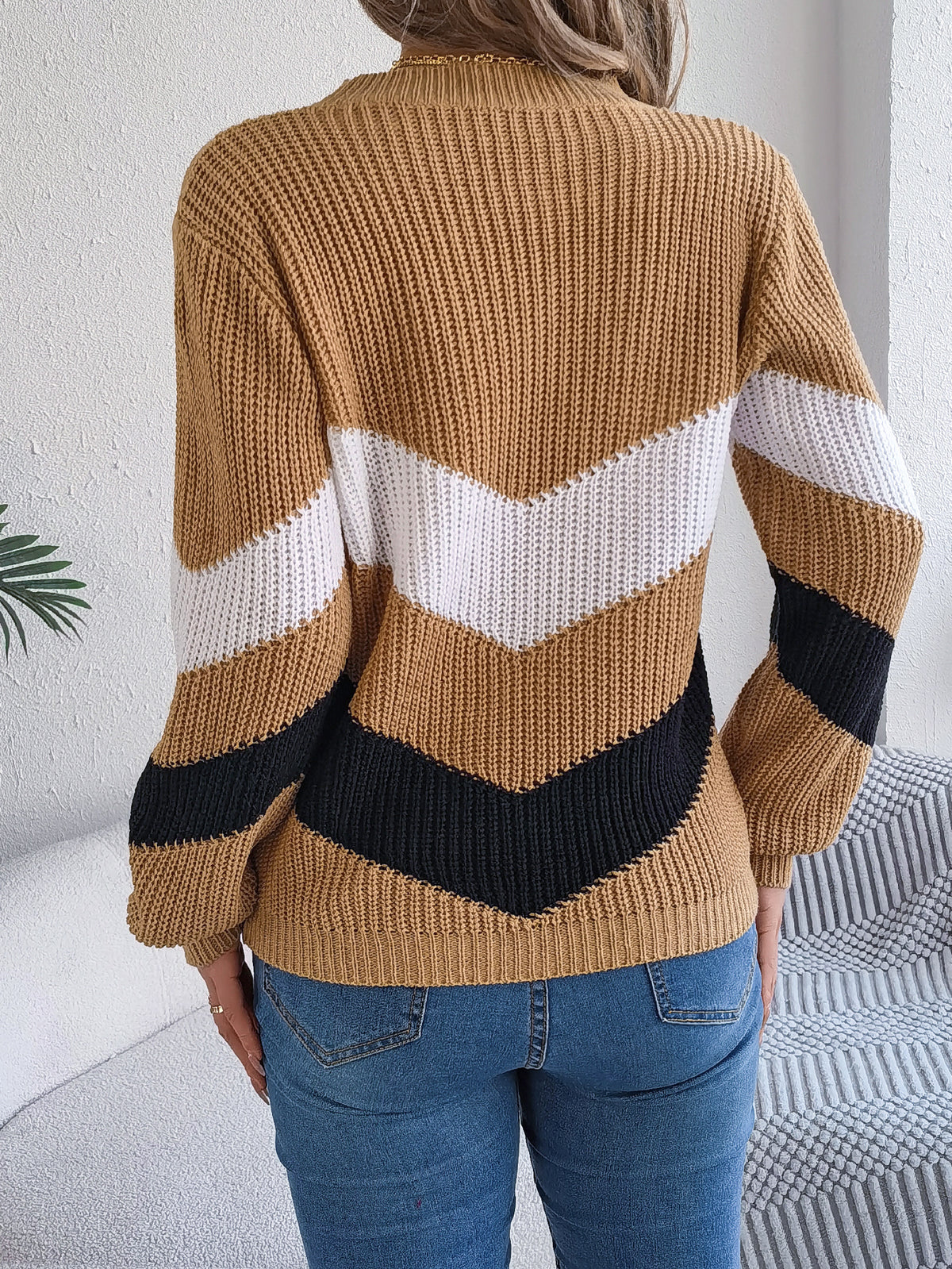 Women Casual Color Block Lantern Sleeve Pullover Sweater
