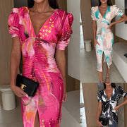 European and American Womens Elegant Sexy V-neck High-waisted Slit Dress