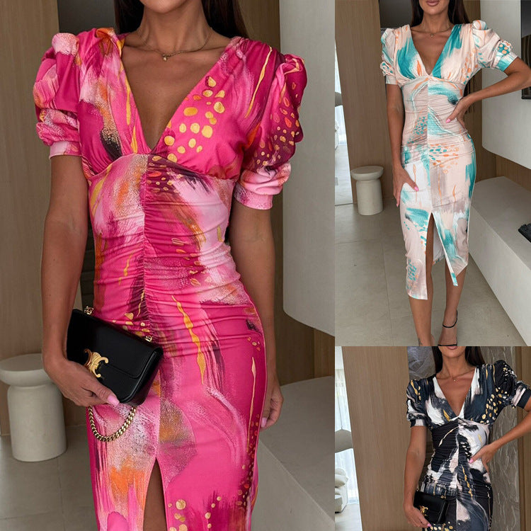 European and American Womens Elegant Sexy V-neck High-waisted Slit Dress