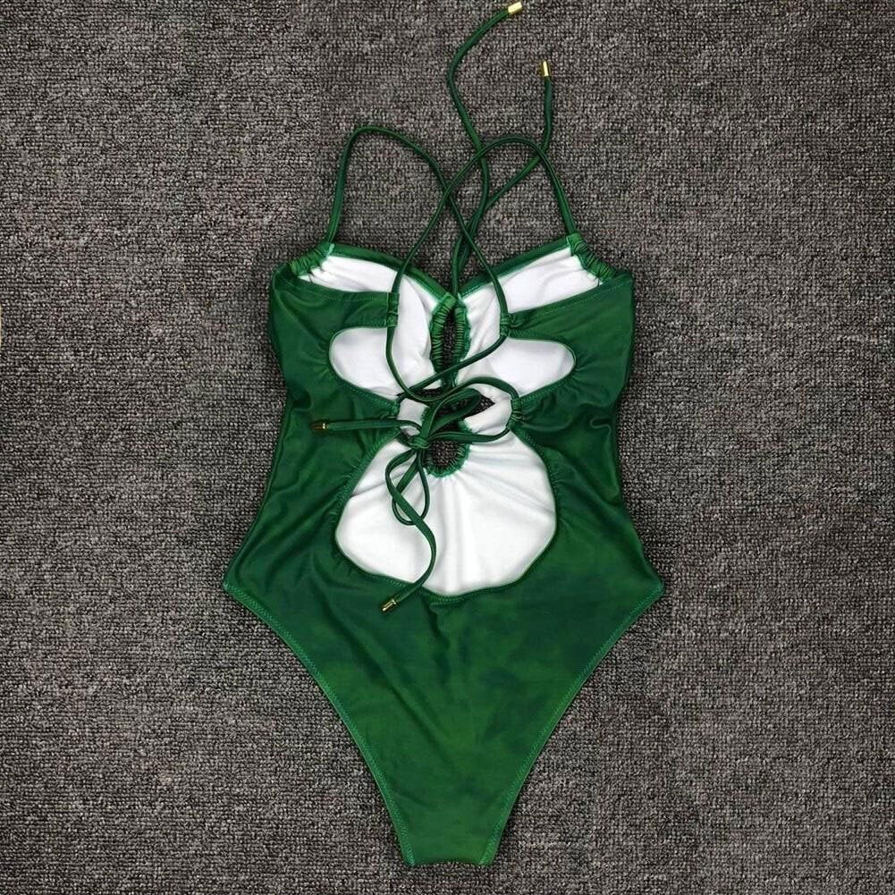 Green One-piece Lace-up Swimsuit for Women