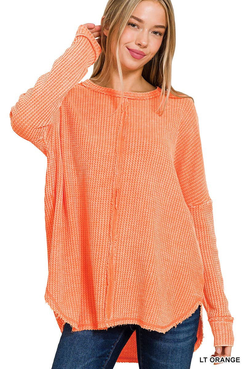 Women's Casual Washed Waffle Long-Sleeve Pullover Top